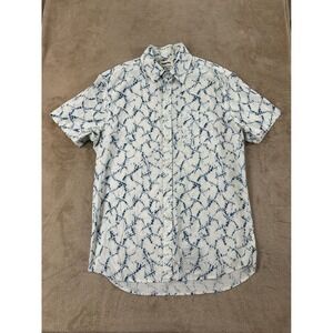 Taylor Stitch Organic Linen Blend Shirt Mens Size 42 White Blue Tie-Dye AOP EUC